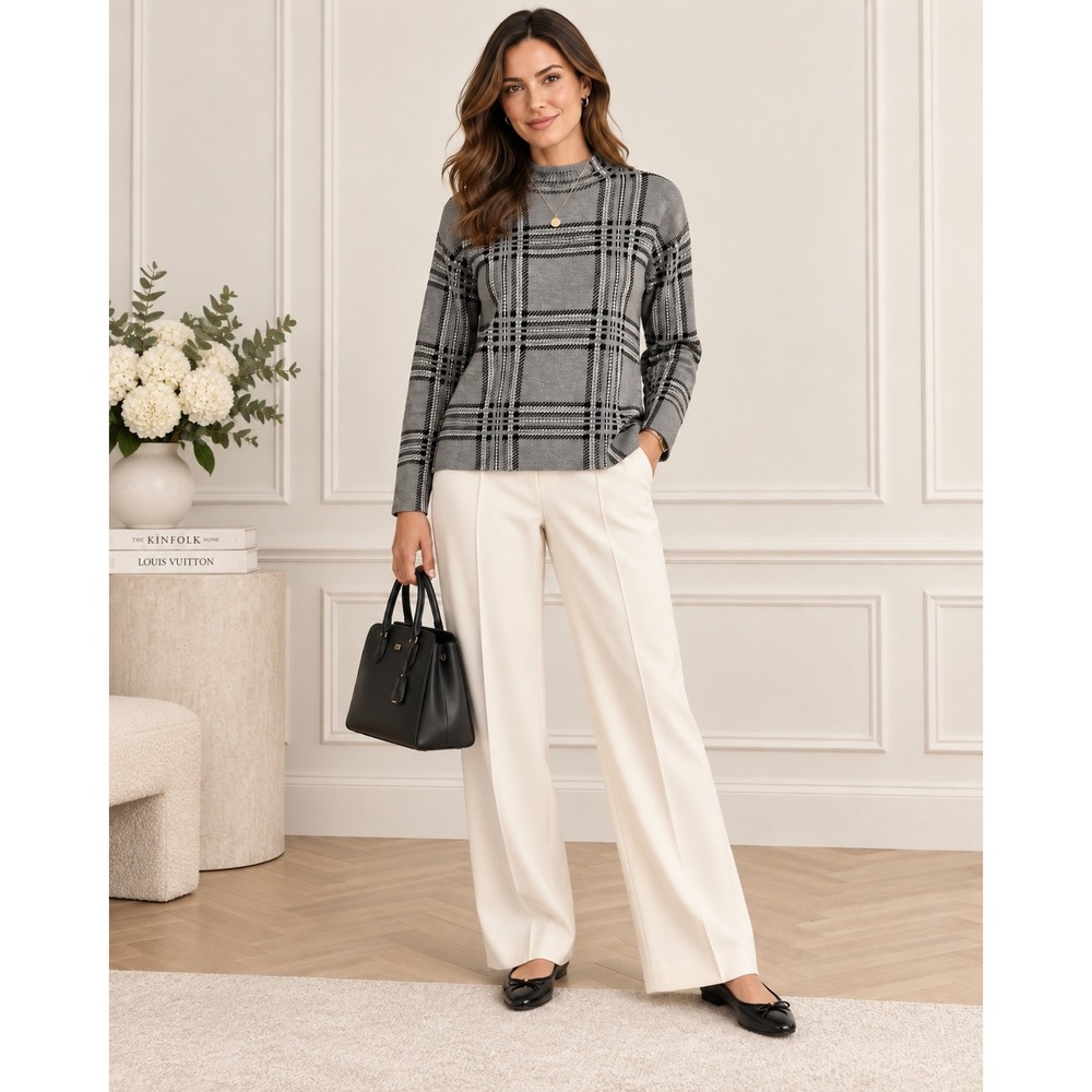 Premise Women Grey Plaid Mock Neck Sweater Long Sleeve Knit Top Size M